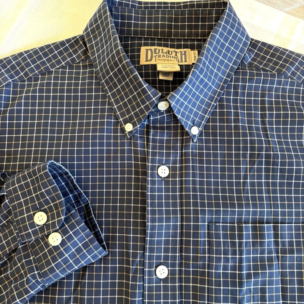 Duluth‎ Trading Shirt Men L Blue Checkered Plaid Long Sleeve Button Up Trim Fit